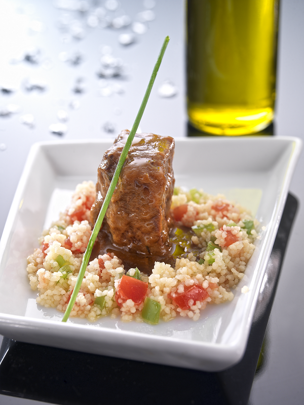 Veal cheeks with vanilla and vegetable couscous
