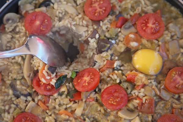 Rice with vegetables, wild mushrooms, eggs and Olive Oil from Spain