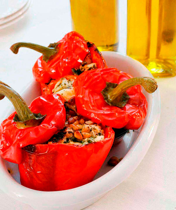 Roasted peppers with goat’s cheese and pine nuts