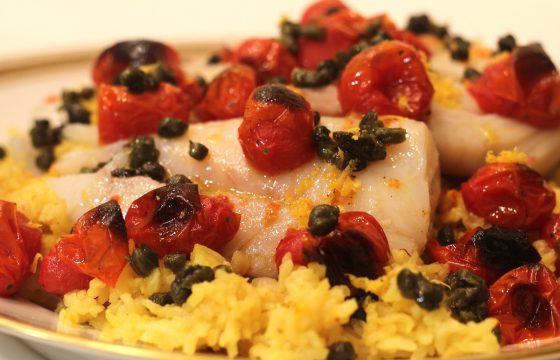 Extra Virgin Olive Oil Poached Cod with Roasted Tomatoes and Fried Capers