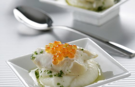 Hake cheeks with trout roe and cauliflower purée