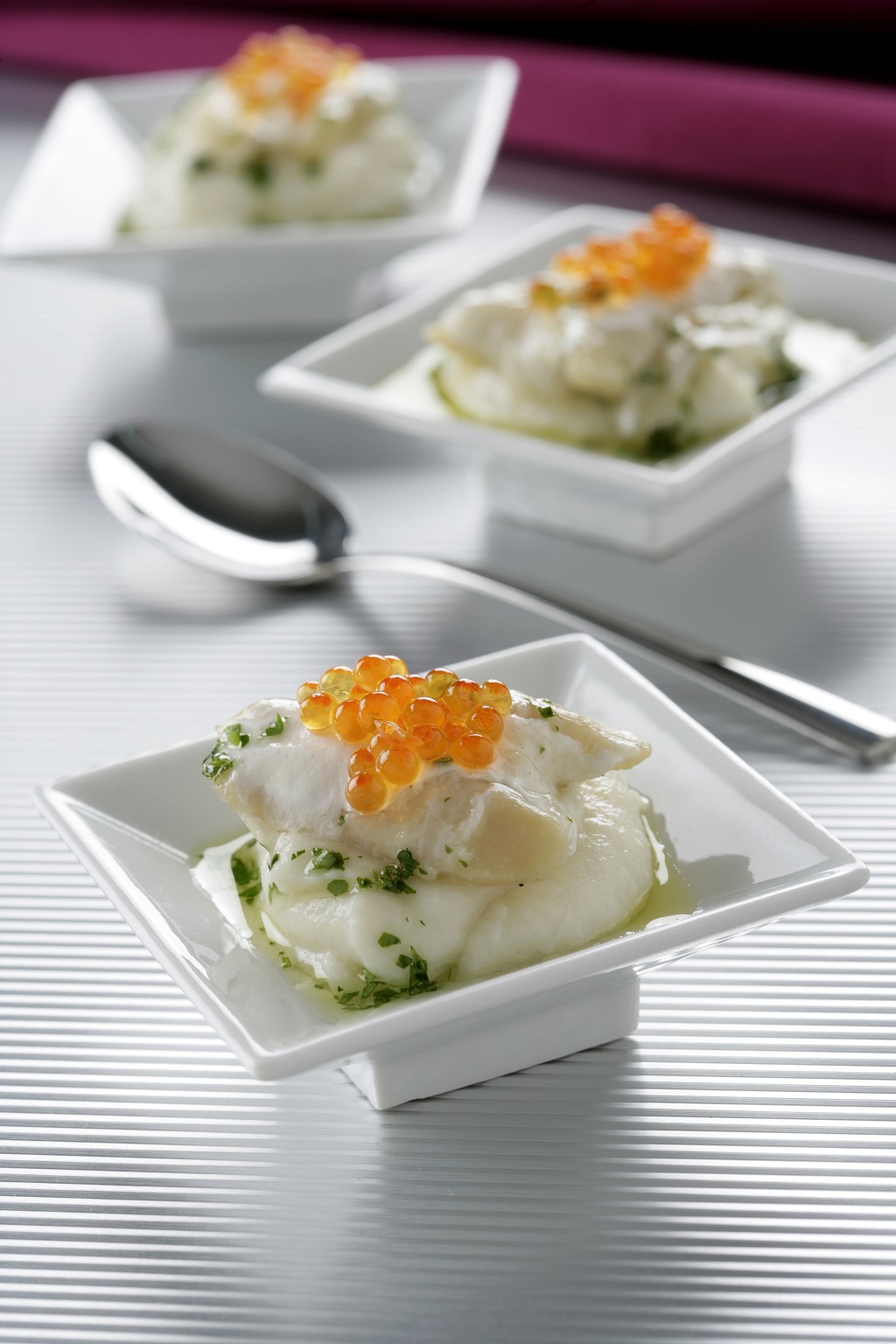 Hake cheeks with trout roe and cauliflower purée Olive Oils from Spain