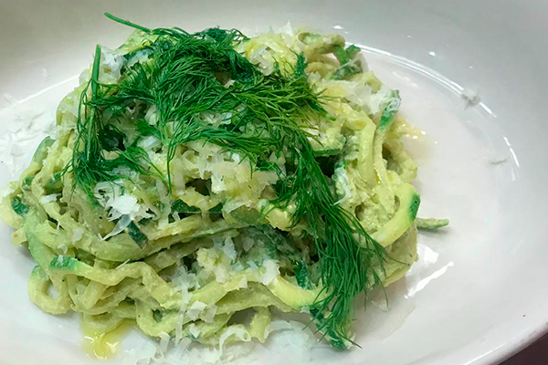 Zucchini Noodles with Pisto of garlic scapes and Marcona almonds