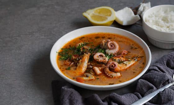 Fish and seafood soup with olive oil